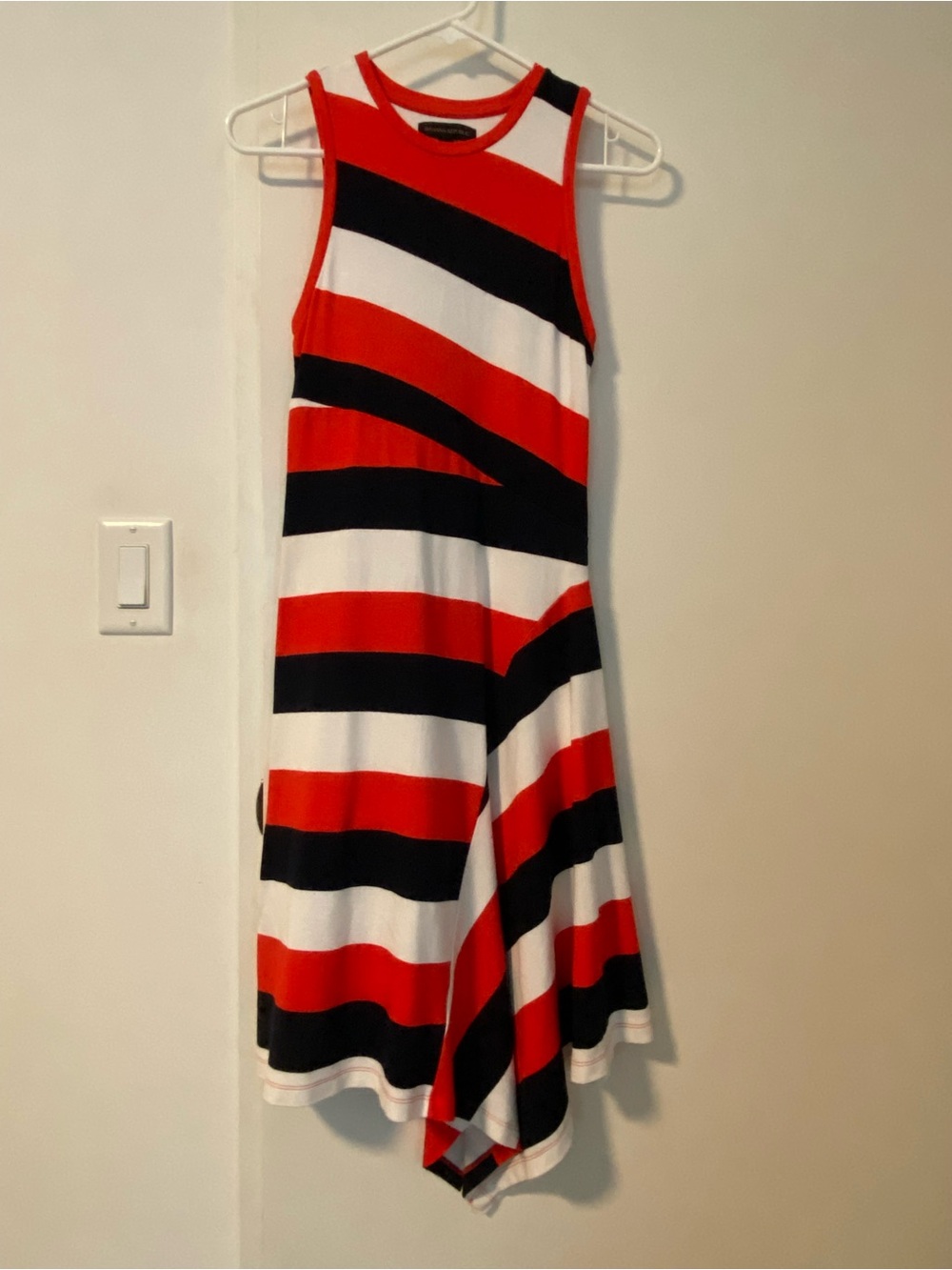 BR Red, Navy & White Striped Sleeveless Midi Dress Asymmetric Hem